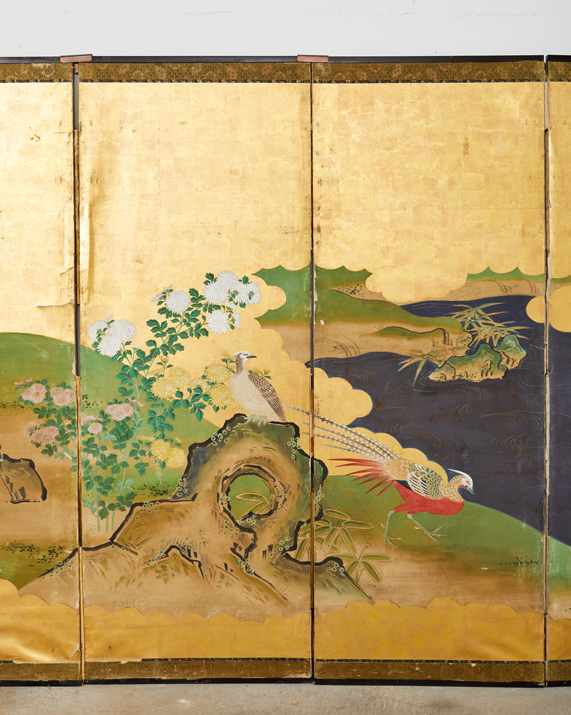 Japanese Meiji Six Panel Screen Kano School Bird Waterscape