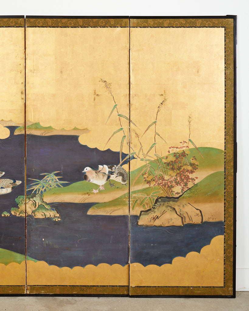 Japanese Meiji Six Panel Screen Kano School Bird Waterscape