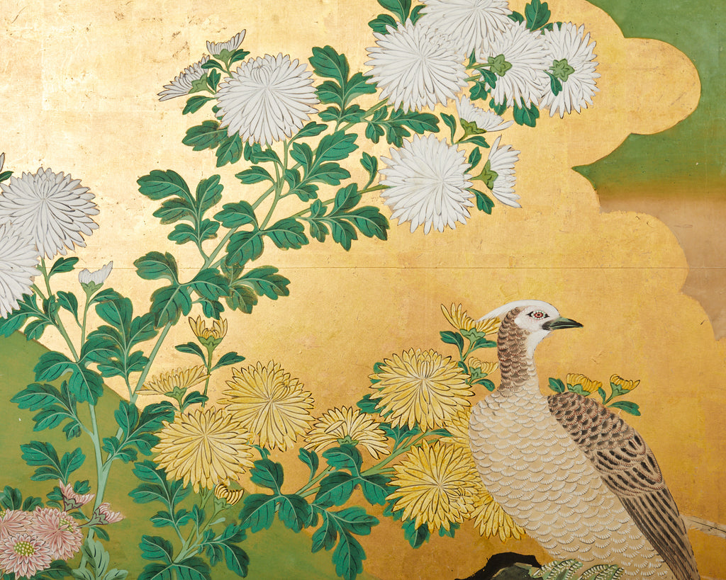 Japanese Meiji Six Panel Screen Kano School Bird Waterscape