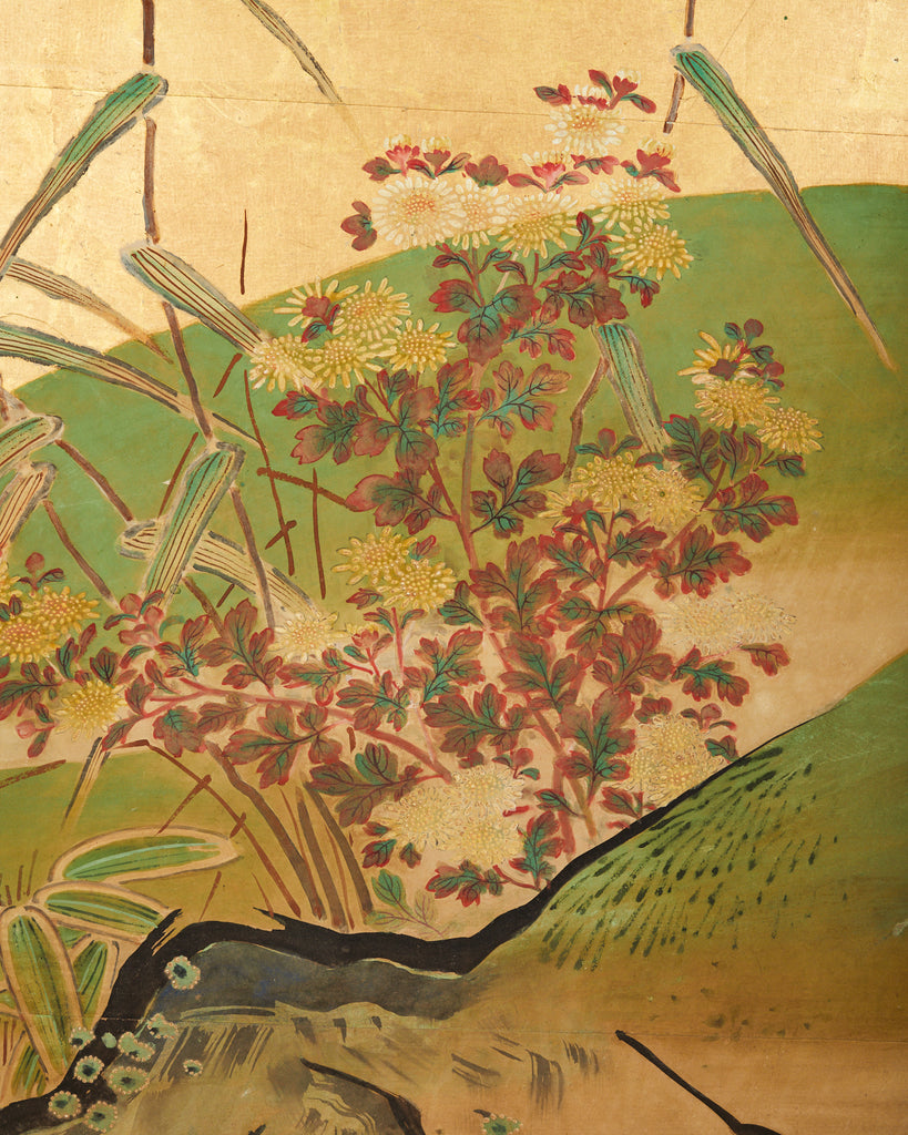 Japanese Meiji Six Panel Screen Kano School Bird Waterscape