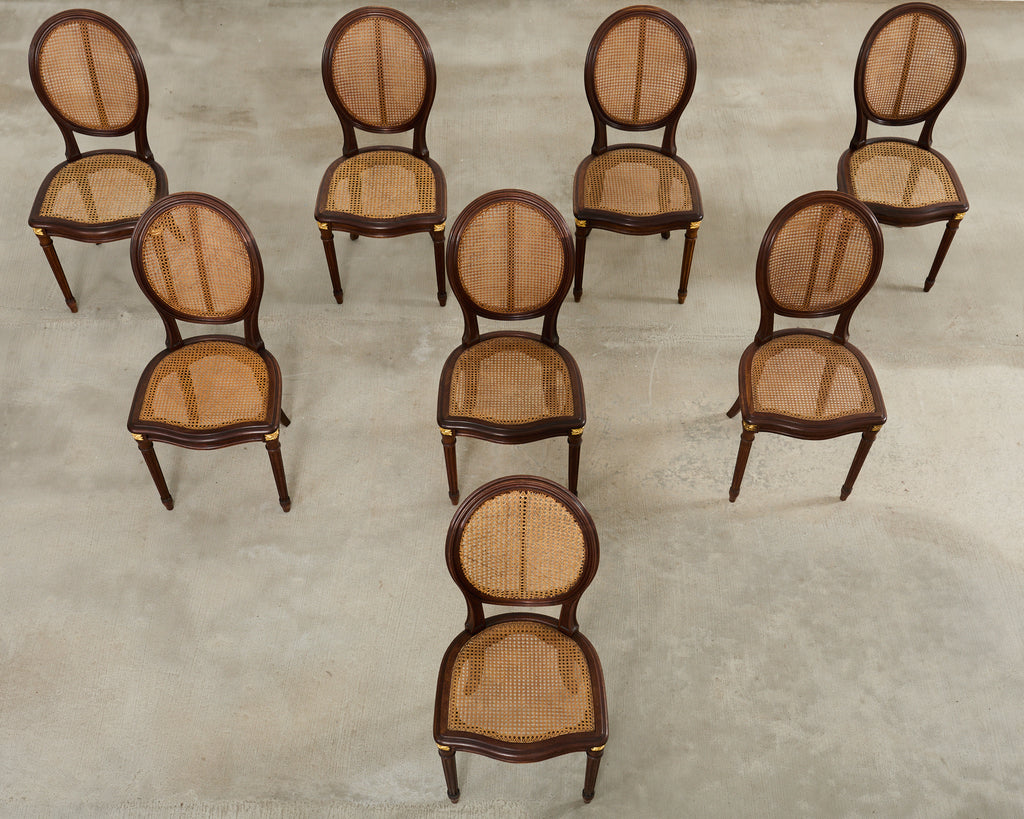 Set of Eight Louis XVI Style Bronze Ormolu Caned Dining Chairs