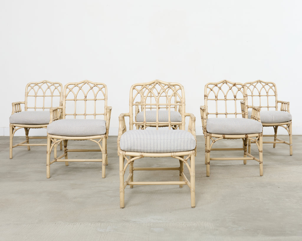 Set of Six McGuire Rattan Cathedral Back Rattan Dining Chairs