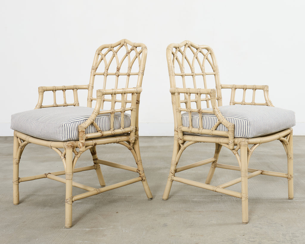 Set of Six McGuire Rattan Cathedral Back Rattan Dining Chairs