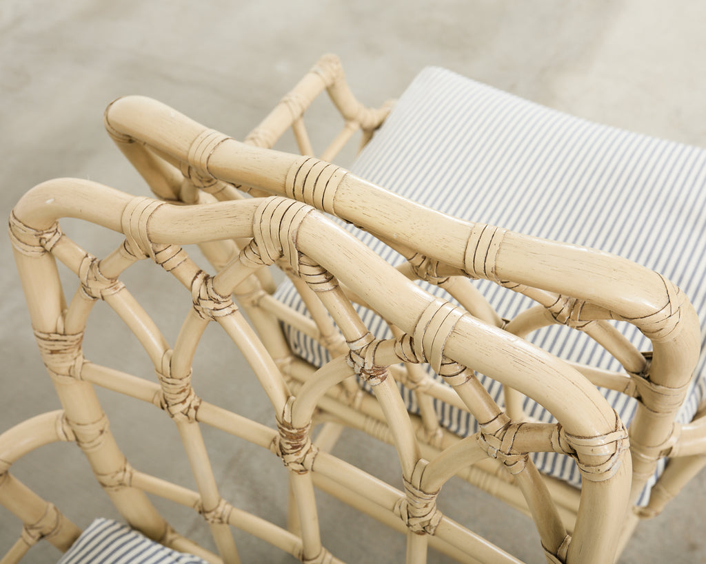 Set of Six McGuire Rattan Cathedral Back Rattan Dining Chairs