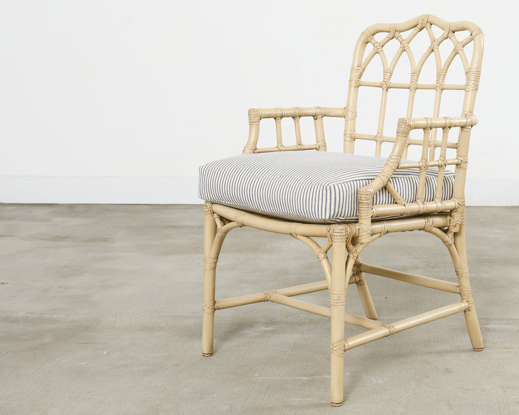 Set of Six McGuire Rattan Cathedral Back Rattan Dining Chairs