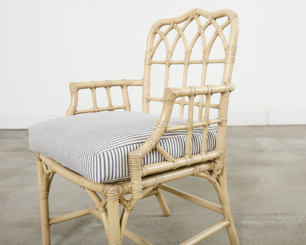 Set of Six McGuire Rattan Cathedral Back Rattan Dining Chairs