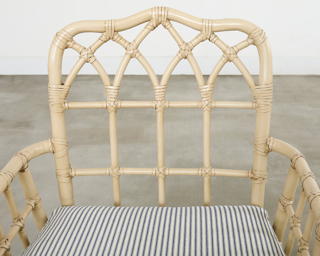 Set of Six McGuire Rattan Cathedral Back Rattan Dining Chairs