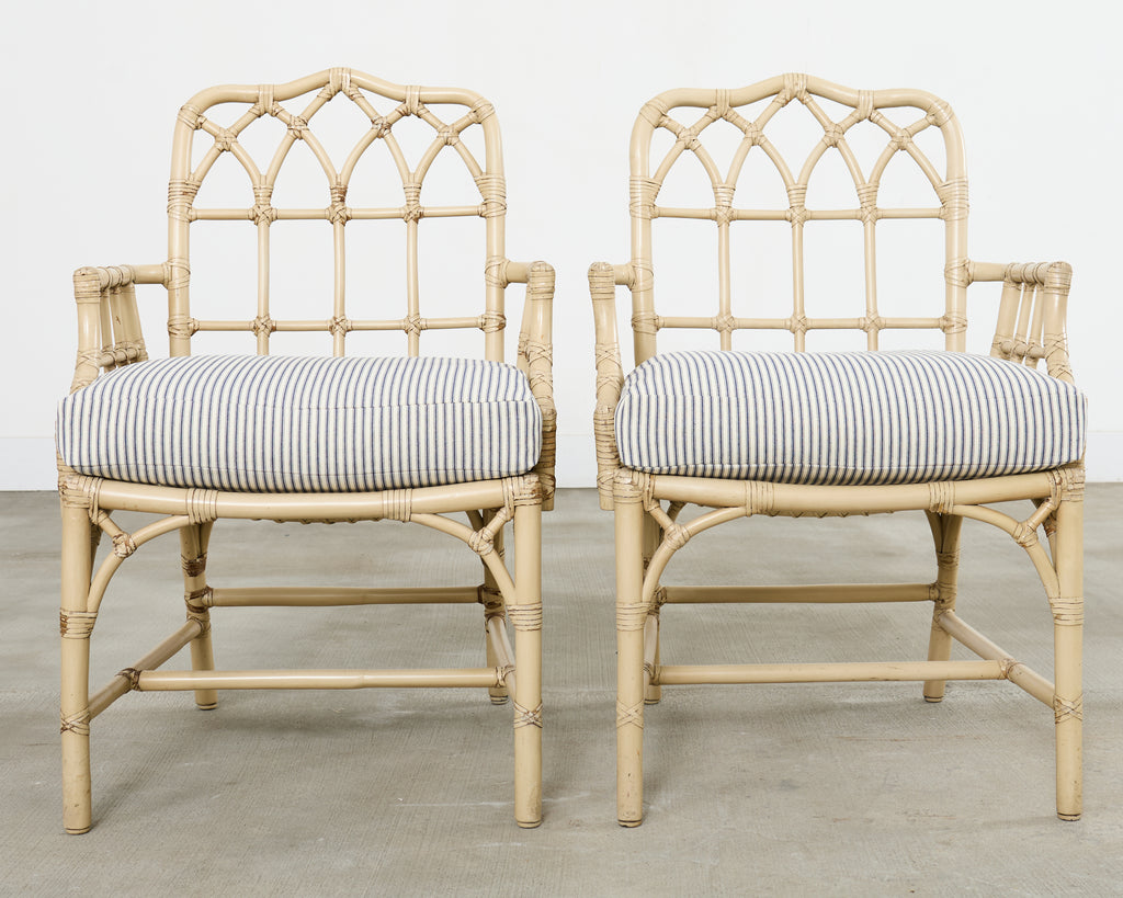 Set of Six McGuire Rattan Cathedral Back Rattan Dining Chairs