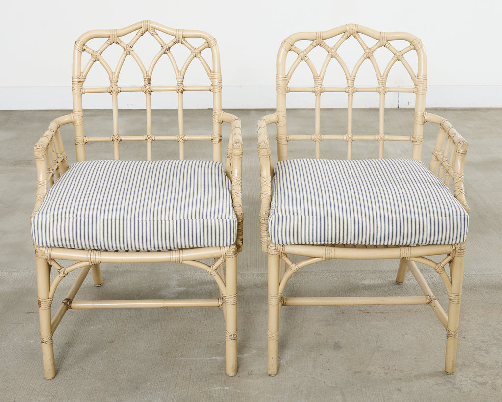Set of Six McGuire Rattan Cathedral Back Rattan Dining Chairs
