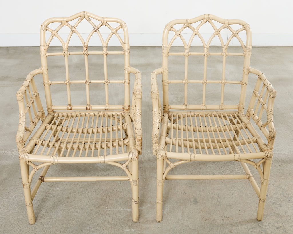 Set of Six McGuire Rattan Cathedral Back Rattan Dining Chairs