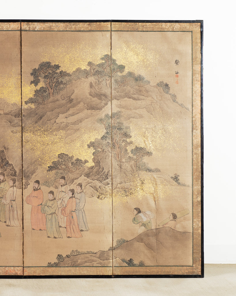19th C. Japanese Edo Six Panel Screen Chinese Official's Gathering