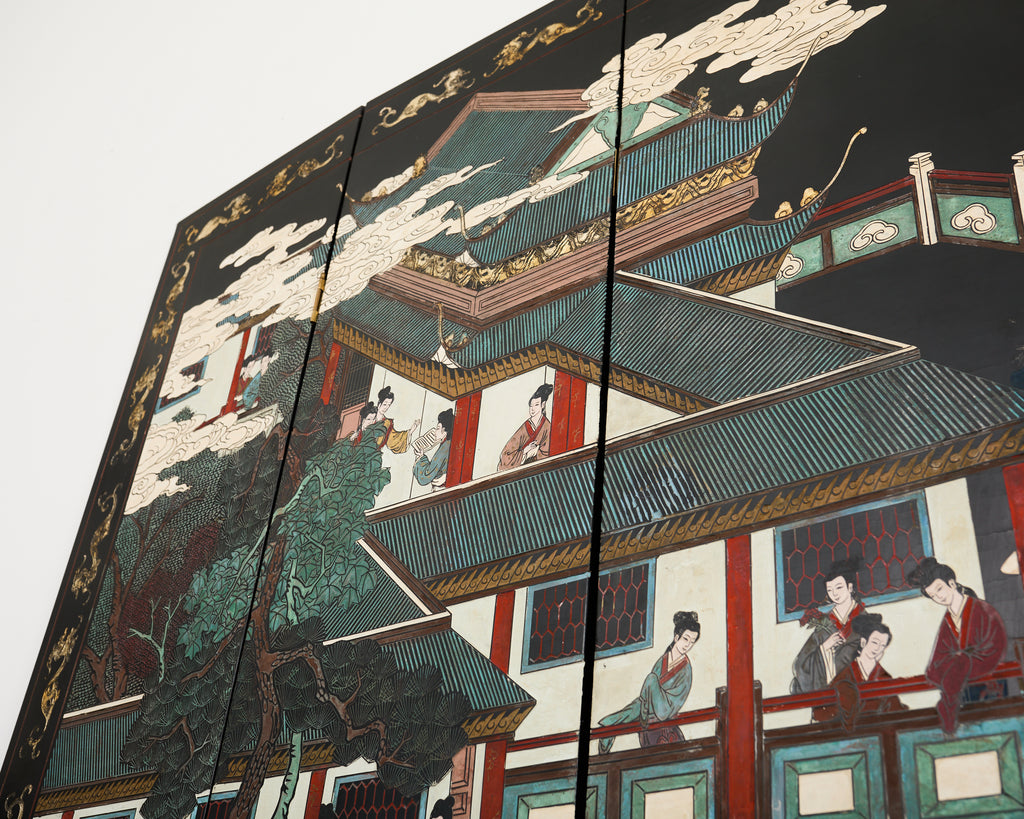 Chinese Export Six Panel Lacquered Coromandel Screen Courtyard
