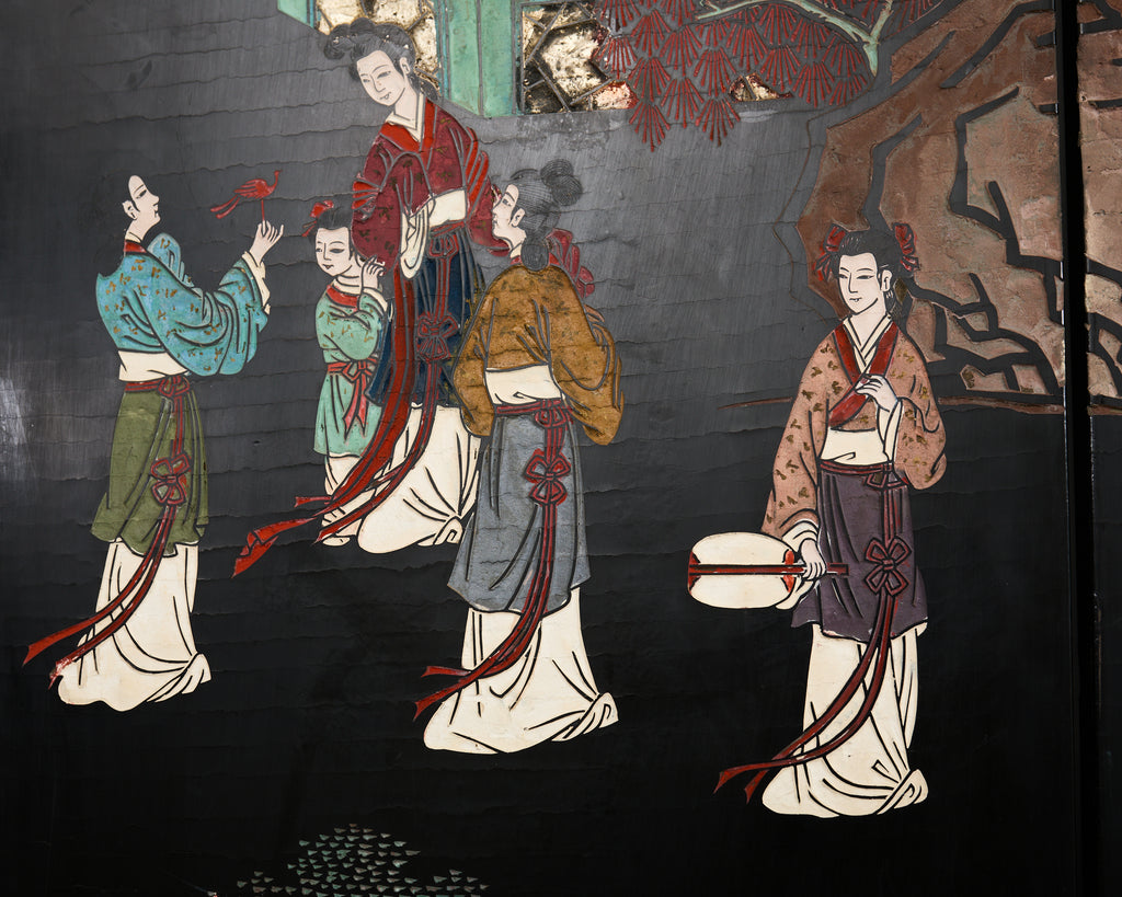 Chinese Export Six Panel Lacquered Coromandel Screen Courtyard