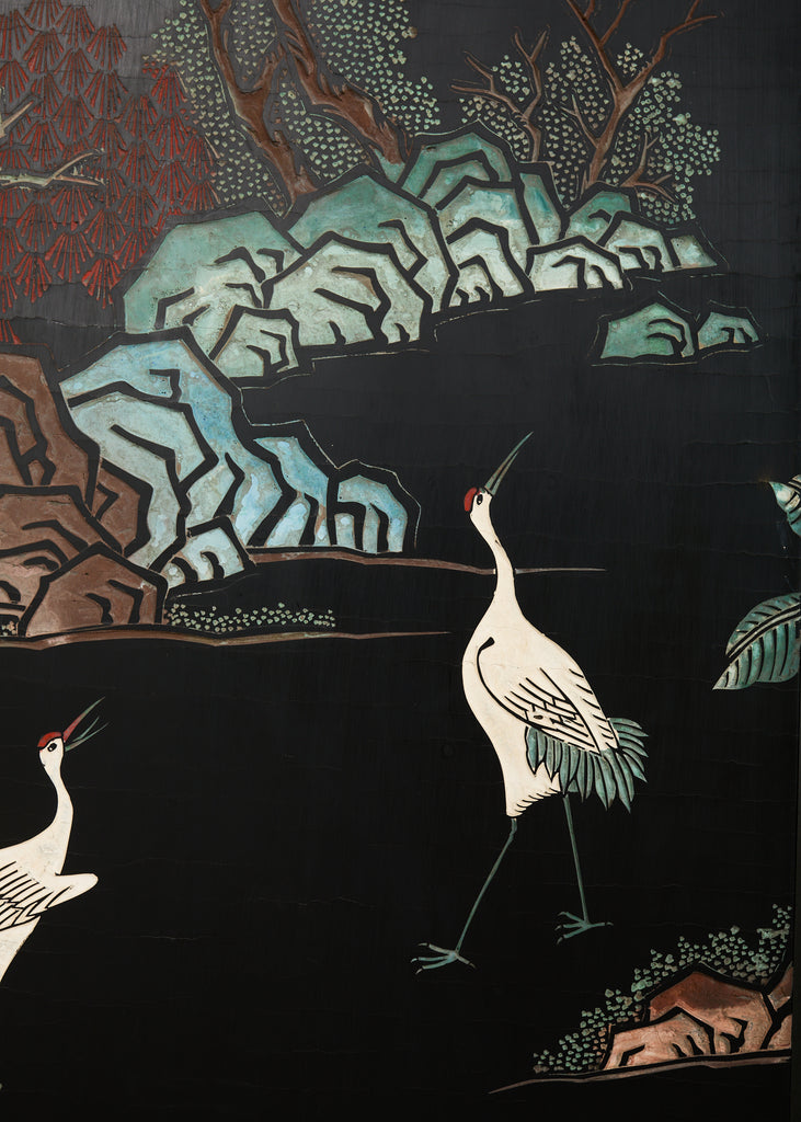 Chinese Export Six Panel Lacquered Coromandel Screen Courtyard