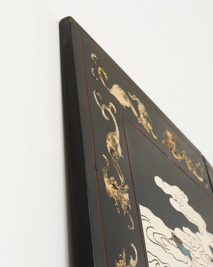 Chinese Export Six Panel Lacquered Coromandel Screen Courtyard