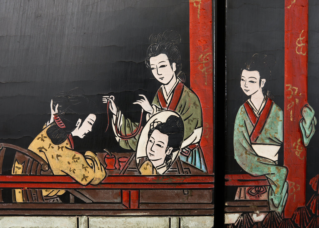 Chinese Export Six Panel Lacquered Coromandel Screen Courtyard