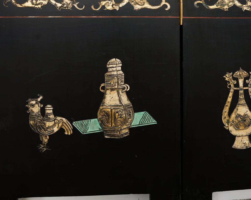 Chinese Export Six Panel Lacquered Coromandel Screen Courtyard