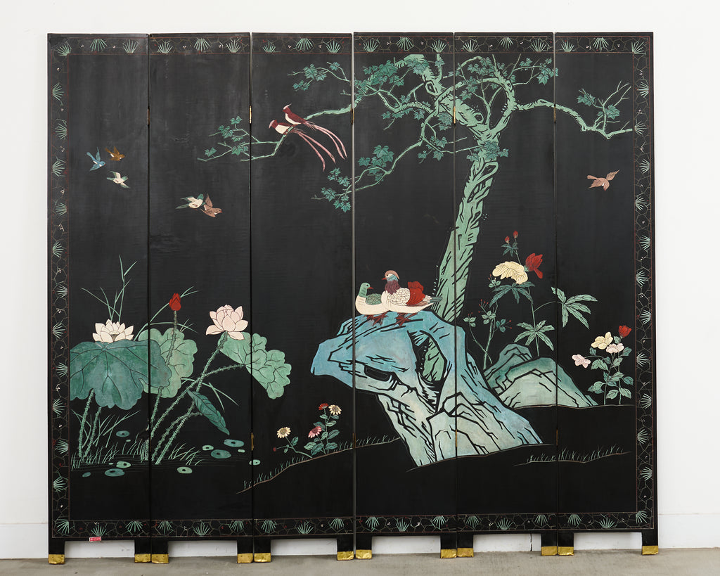 Chinese Export Six Panel Lacquered Coromandel Screen Courtyard