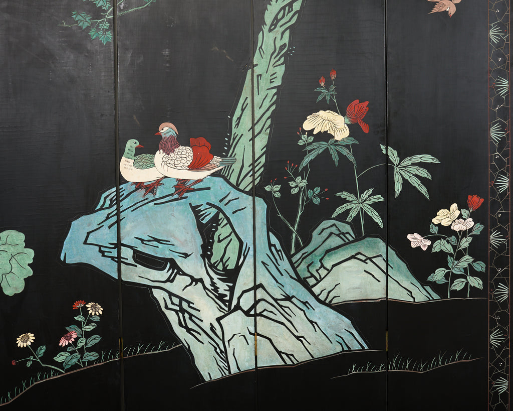 Chinese Export Six Panel Lacquered Coromandel Screen Courtyard