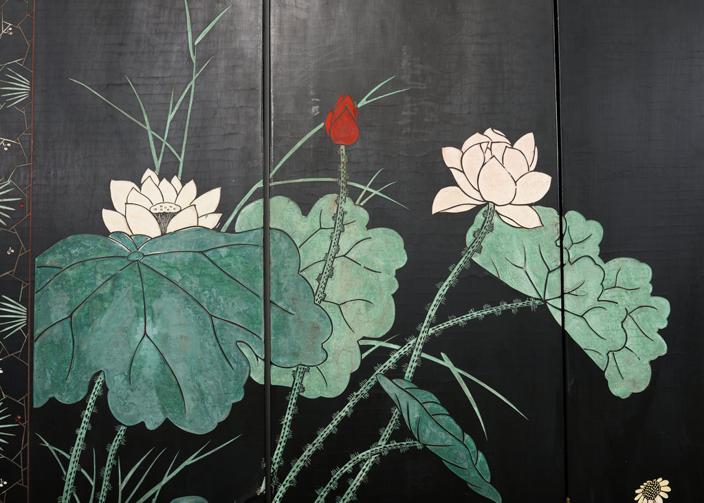 Chinese Export Six Panel Lacquered Coromandel Screen Courtyard