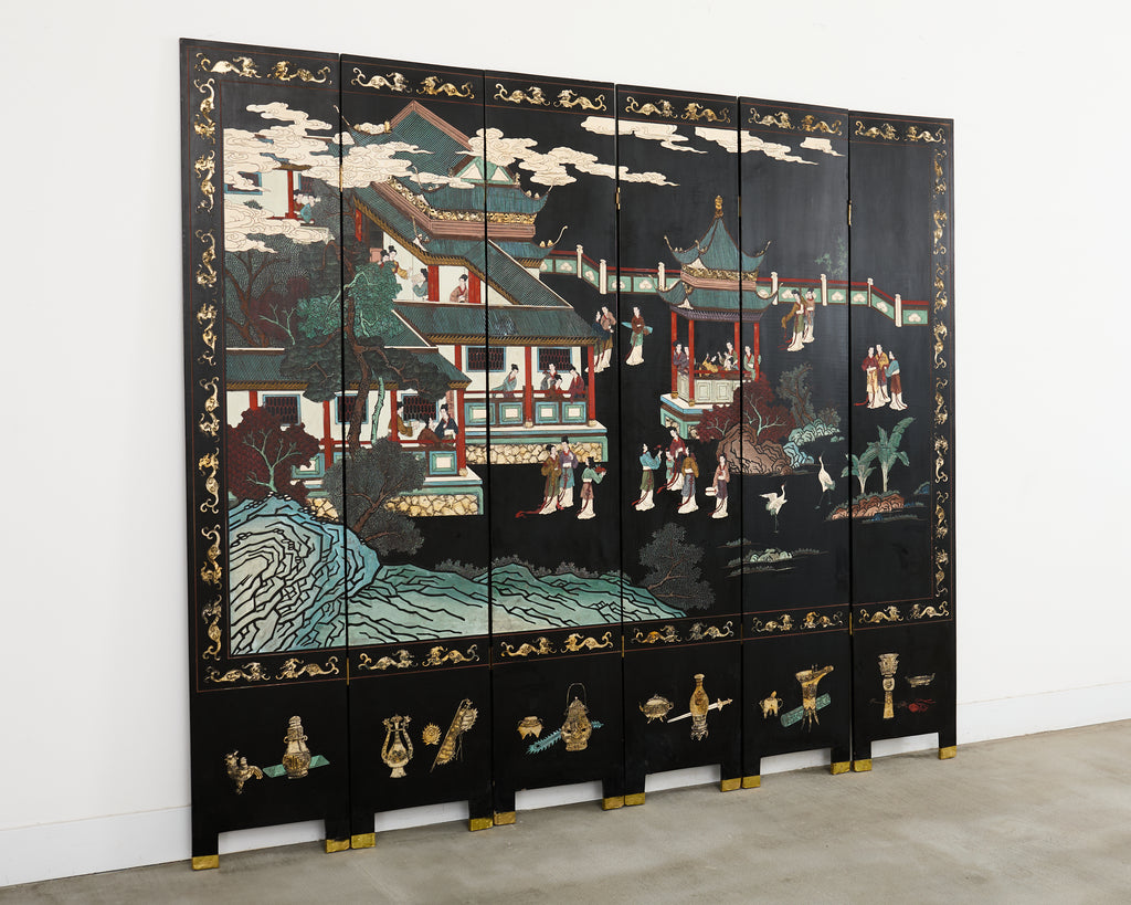 Chinese Export Six Panel Lacquered Coromandel Screen Courtyard