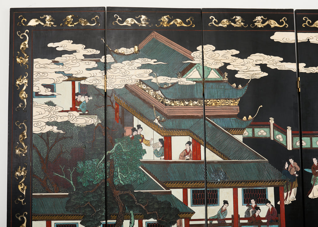 Chinese Export Six Panel Lacquered Coromandel Screen Courtyard