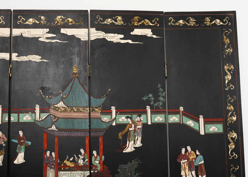Chinese Export Six Panel Lacquered Coromandel Screen Courtyard