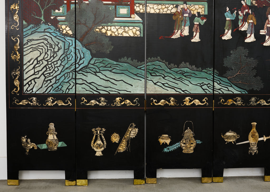 Chinese Export Six Panel Lacquered Coromandel Screen Courtyard