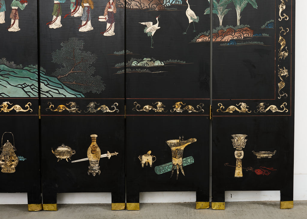 Chinese Export Six Panel Lacquered Coromandel Screen Courtyard