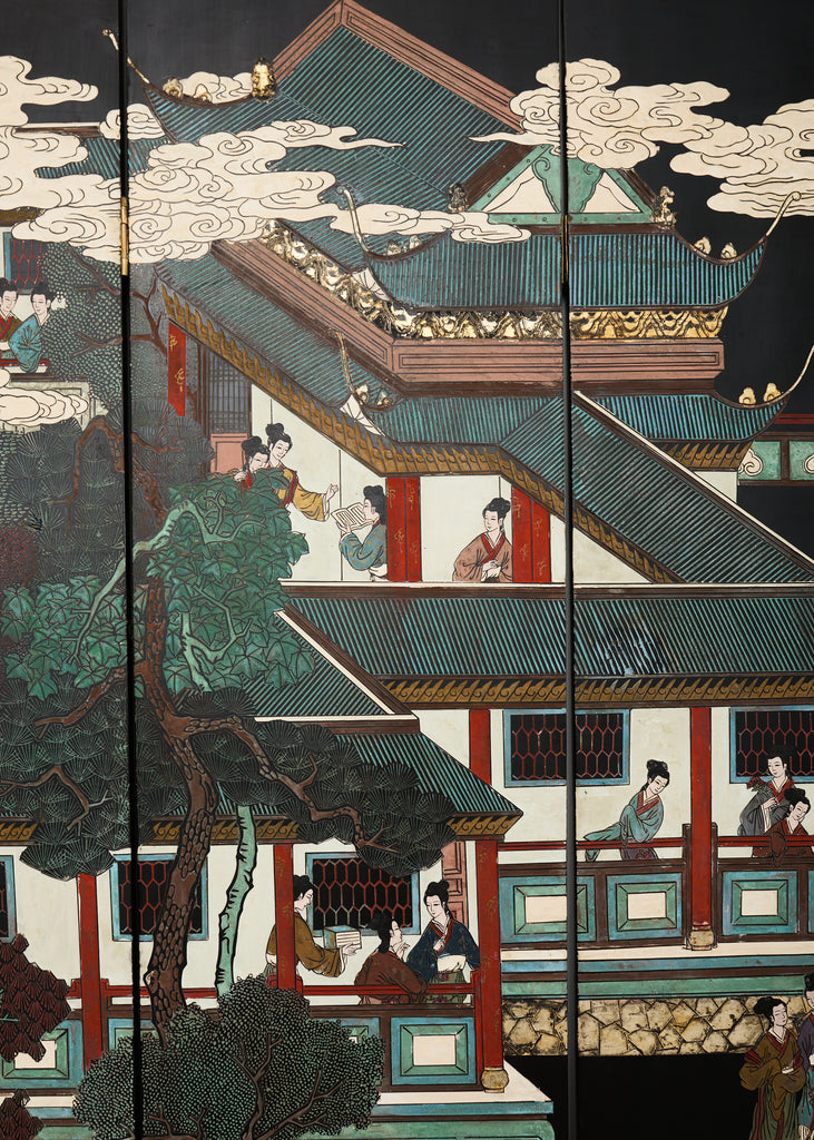 Chinese Export Six Panel Lacquered Coromandel Screen Courtyard