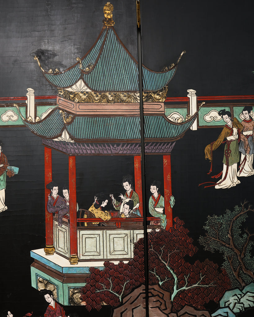 Chinese Export Six Panel Lacquered Coromandel Screen Courtyard