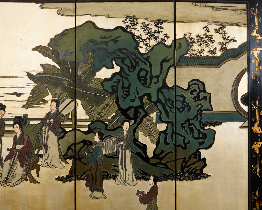 Chinese Export Six Panel Coromandel Screen Gilt Courtyard