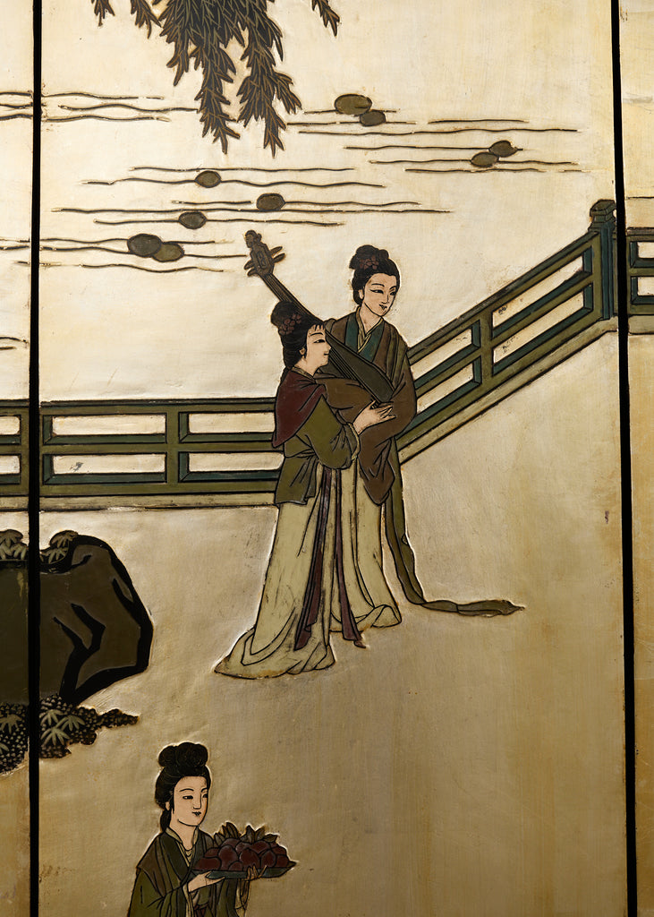 Chinese Export Six Panel Coromandel Screen Gilt Courtyard