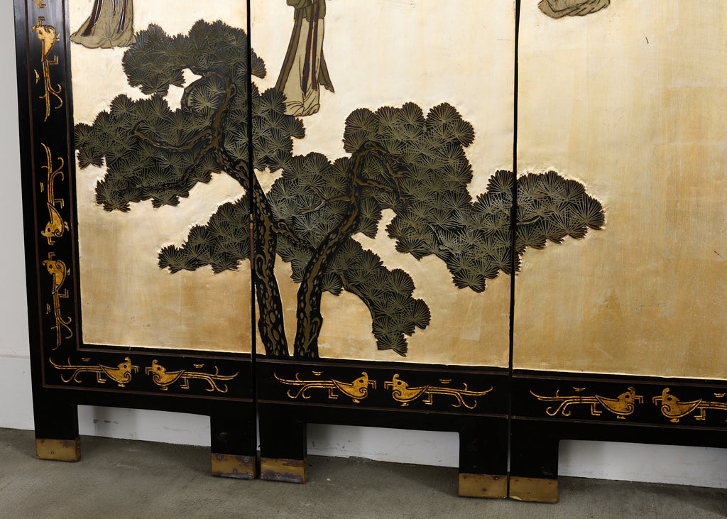 Chinese Export Six Panel Coromandel Screen Gilt Courtyard