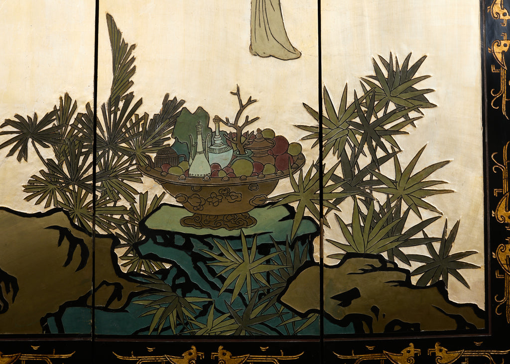 Chinese Export Six Panel Coromandel Screen Gilt Courtyard