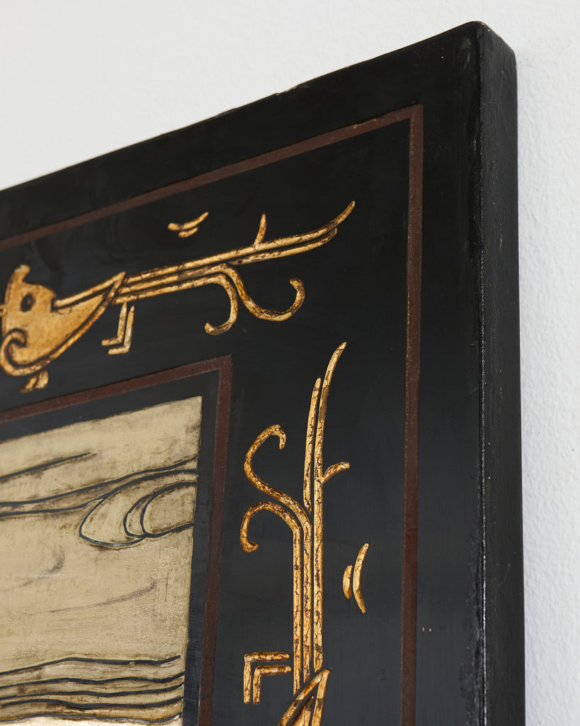 Chinese Export Six Panel Coromandel Screen Gilt Courtyard