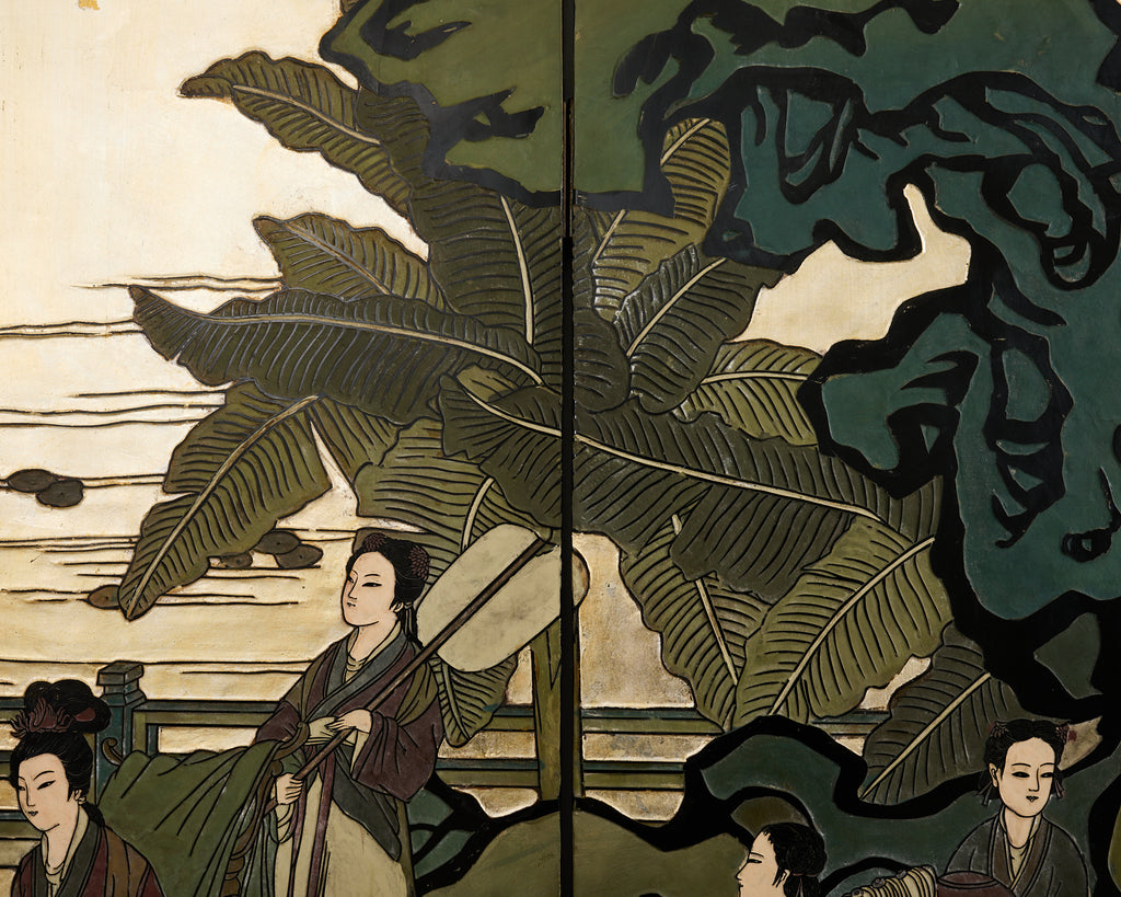 Chinese Export Six Panel Coromandel Screen Gilt Courtyard