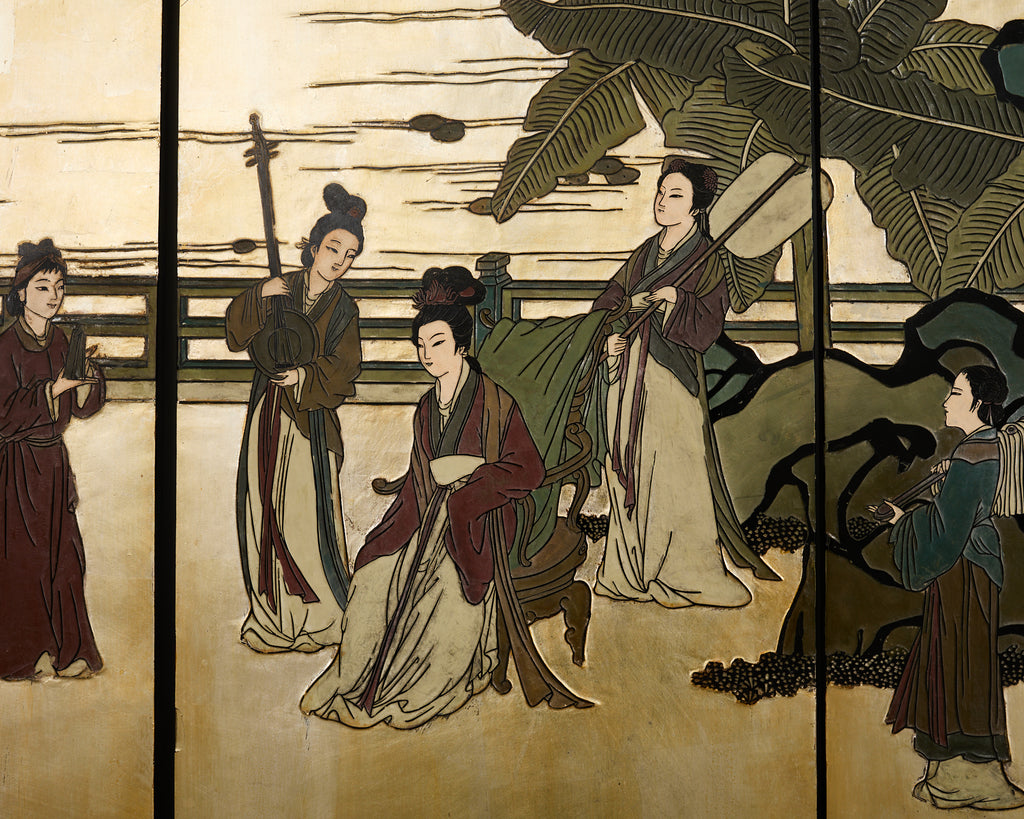 Chinese Export Six Panel Coromandel Screen Gilt Courtyard