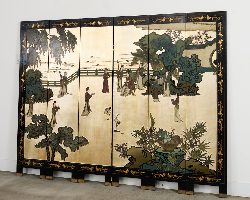 Chinese Export Six Panel Coromandel Screen Gilt Courtyard