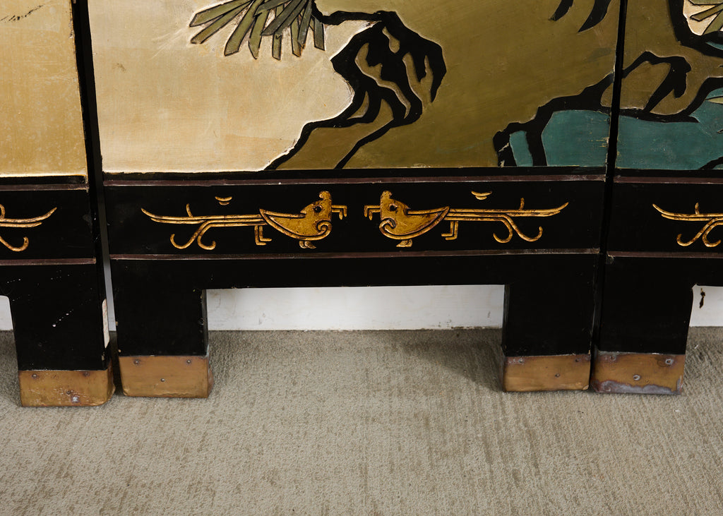 Chinese Export Six Panel Coromandel Screen Gilt Courtyard