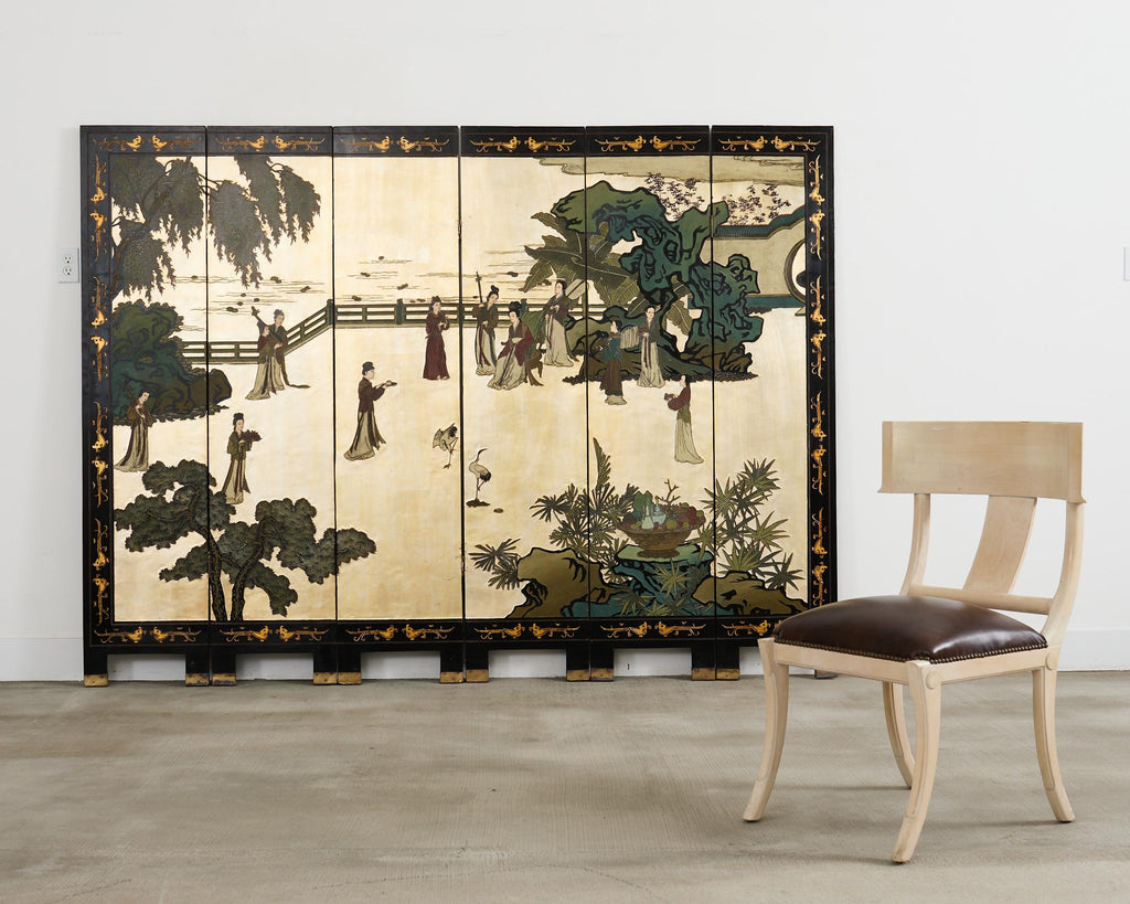 Chinese Export Six Panel Coromandel Screen Gilt Courtyard