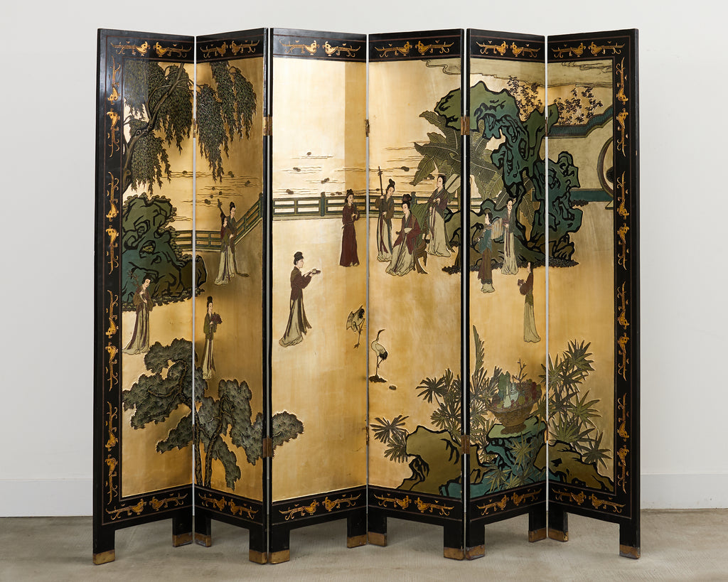 Chinese Export Six Panel Coromandel Screen Gilt Courtyard