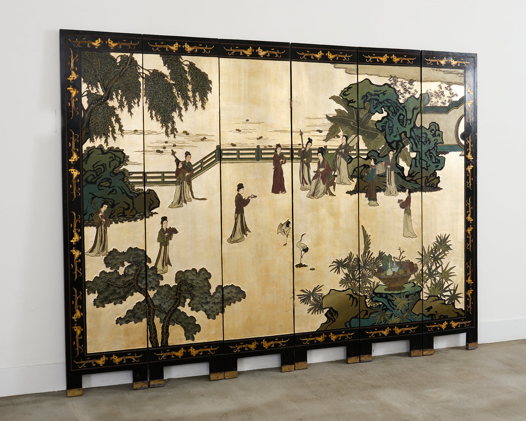 Chinese Export Six Panel Coromandel Screen Gilt Courtyard