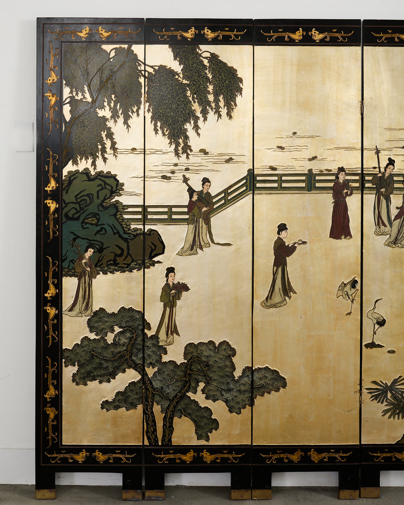 Chinese Export Six Panel Coromandel Screen Gilt Courtyard