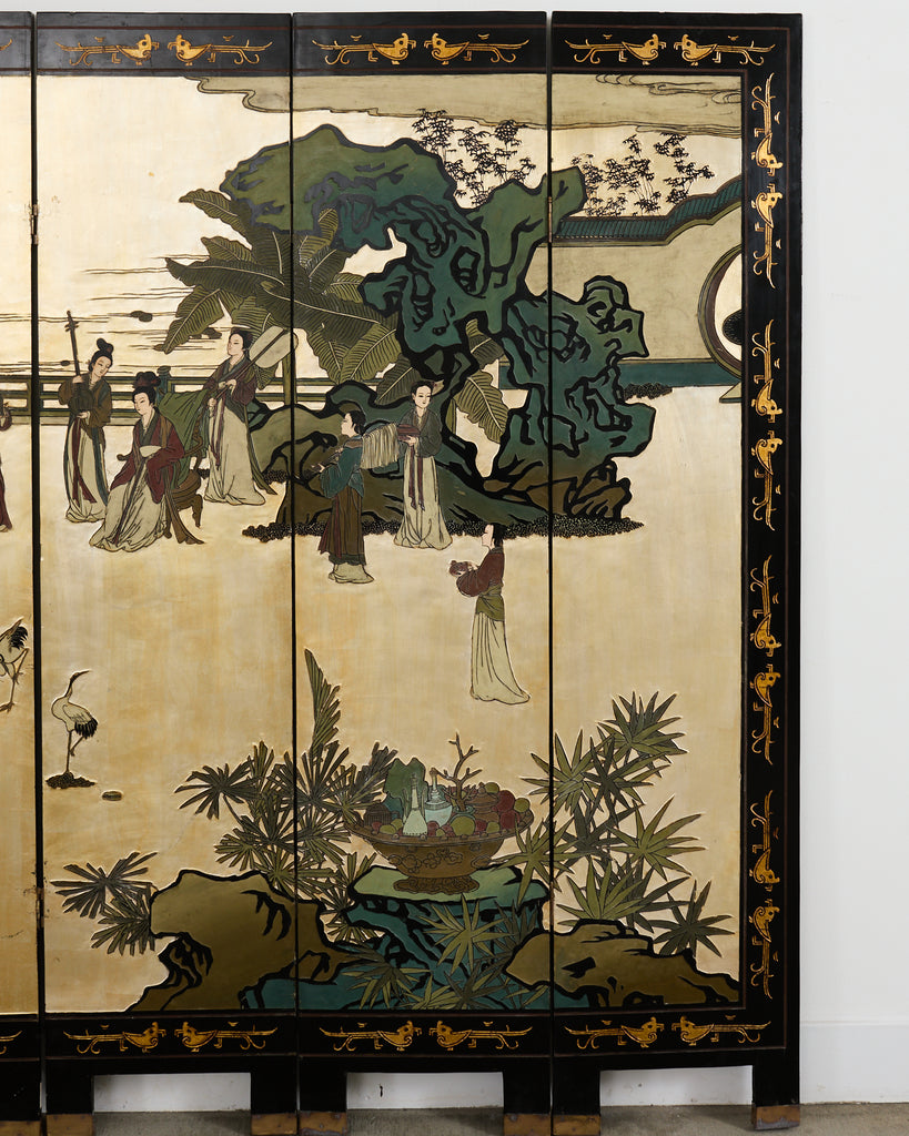 Chinese Export Six Panel Coromandel Screen Gilt Courtyard