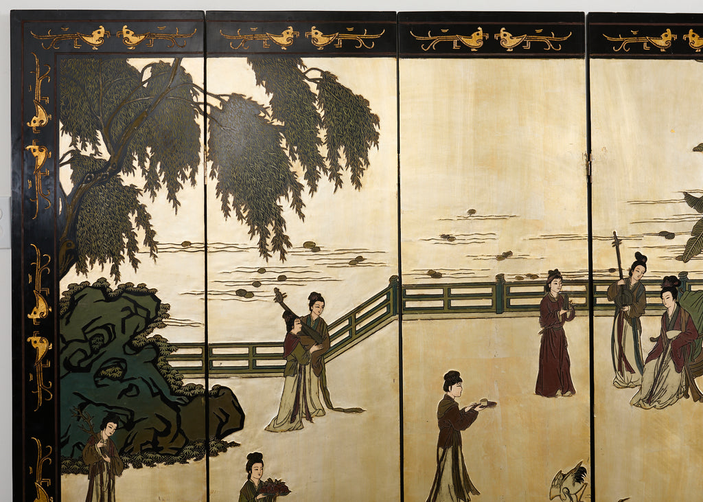 Chinese Export Six Panel Coromandel Screen Gilt Courtyard