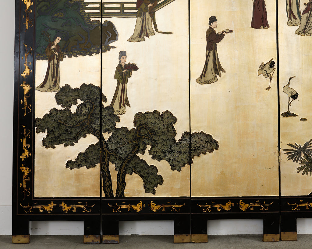 Chinese Export Six Panel Coromandel Screen Gilt Courtyard