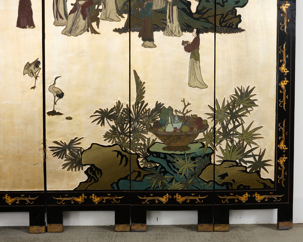 Chinese Export Six Panel Coromandel Screen Gilt Courtyard