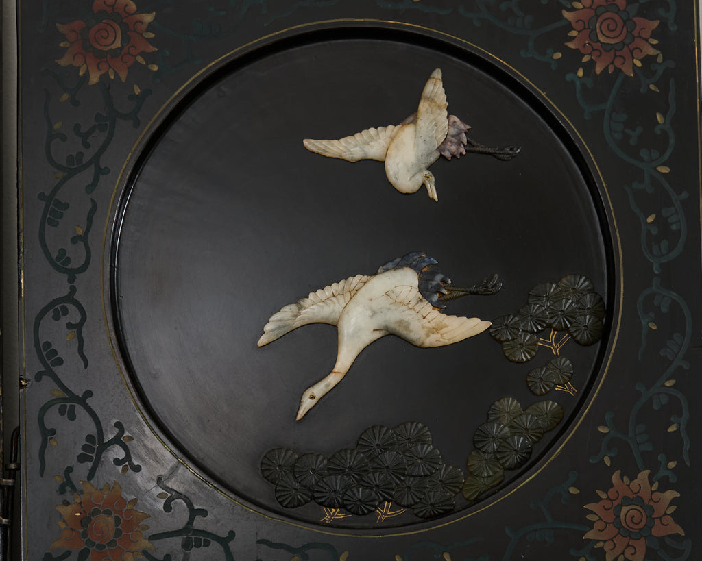 Chinese Six-Panel Carved Hardstone Lacquered Coromandel Screen