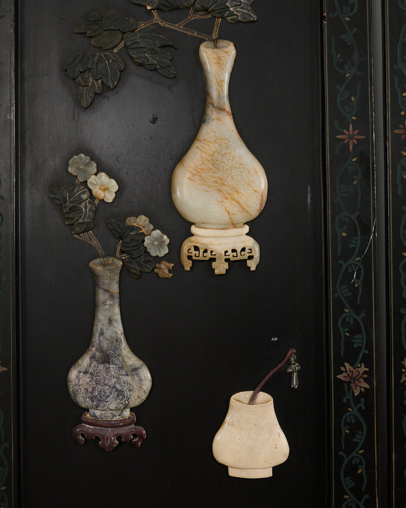 Chinese Six-Panel Carved Hardstone Lacquered Coromandel Screen